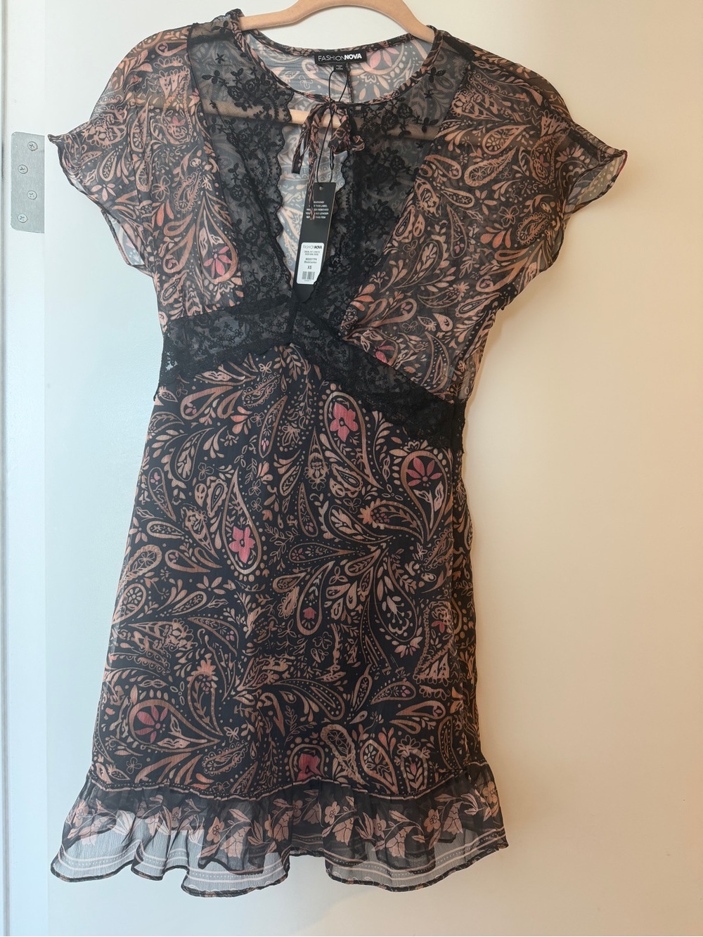 Fashion Nova Black Paisley Mini Dress with Pink Accents